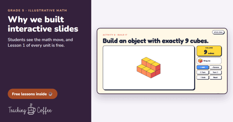 Animated slide from Volume Lesson 1: cubes are added one at a time to build an object with exactly 9 cubes, next to the title Why we built interactive slides