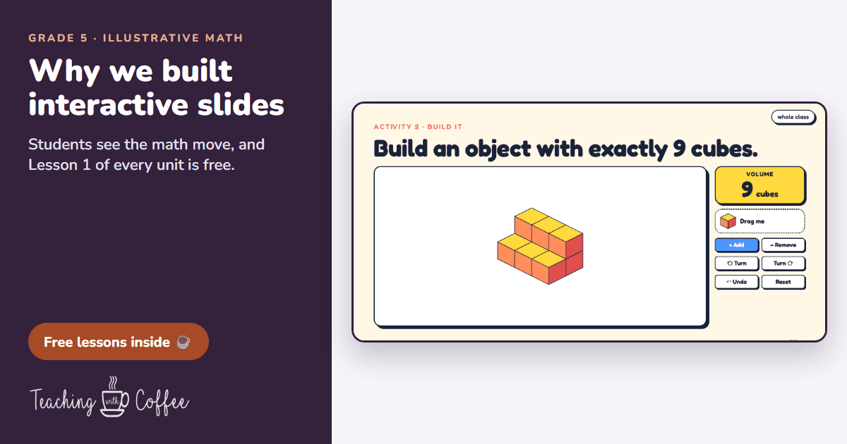 Animated slide from Volume Lesson 1: cubes are added one at a time to build an object with exactly 9 cubes, next to the title Why we built interactive slides
